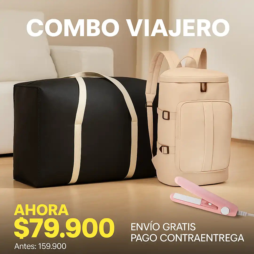 COMBO VIAJERO 🤩😍 ¡Morral viajero + bolsa de equipaje + mini plancha GRATIS!