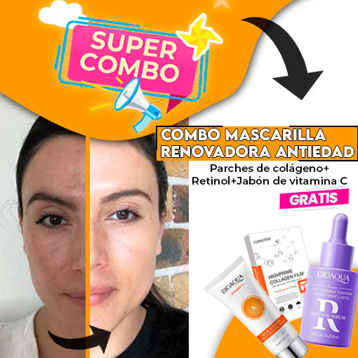 COMBO MASCARILLA RENOVADORA ANTIEDAD 🤩😱 ¡Parches colágeno + Retinol + Jabón Vitamina C!